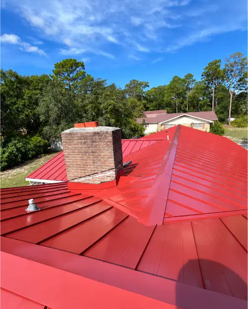 Red Metal Roof Replacement by Neighbor Metal Roof